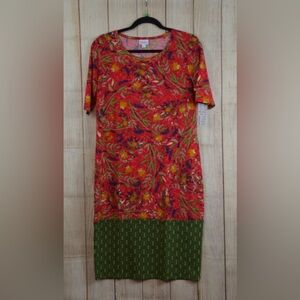 LuLaRoe Julia Vibrant Red and Green Midi Dress